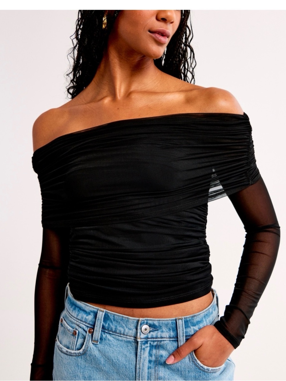 Abercrombie & Fitch Black Off-Shoulder Mesh Sleeve Top